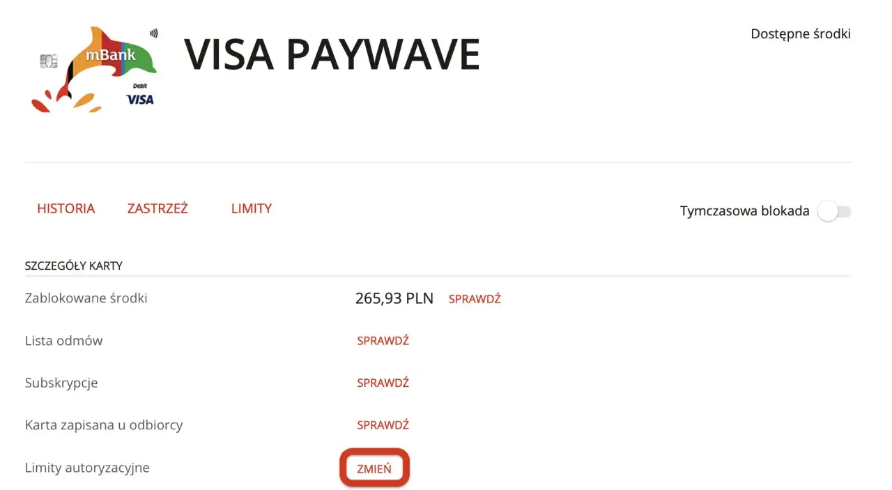 Widok karty mBank Visa. Kliknij 