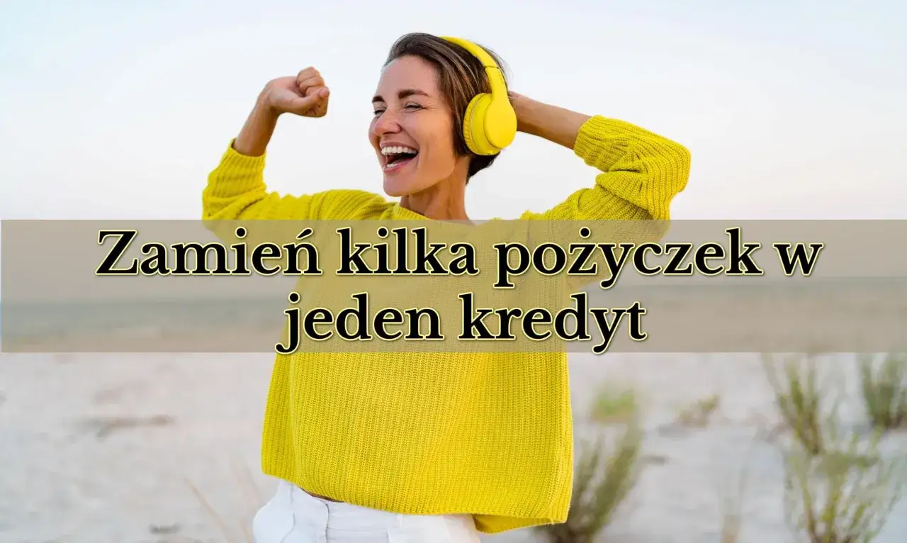 Radosna kobieta w słuchawkach świętuje sukces. Tekst na zdjęciu: 