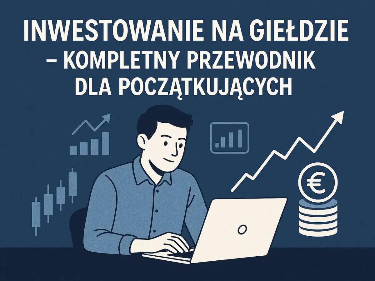 Ilustracja pokazuje mężczyznę przy laptopie, który uczy się, jak kupić akcje na giełdzie. Wykresy i monety euro symbolizują inwestycje.