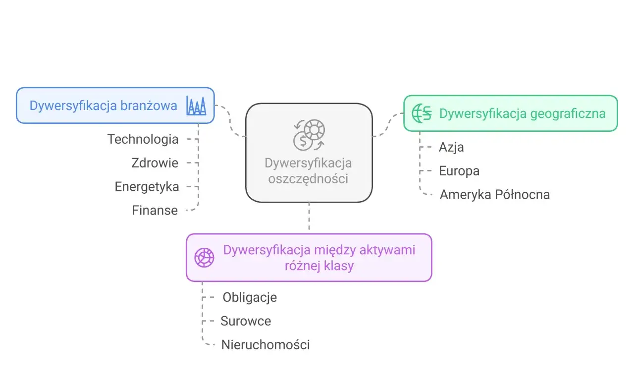 Schemat pokazuje, jak grać na giełdzie poprzez dywersyfikację: branżową (technologia, zdrowie, energetyka, finanse), geograficzną (Azja, Europa, Ameryka Północna) i między aktywami (obligacje, surowce, nieruchomości).