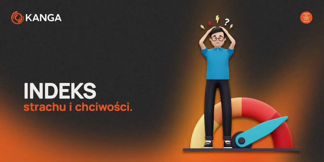 Zdezorientowany człowiek obok wskaźnika strachu i chciwości. Podpowiada, kiedy kupować kryptowaluty, a kiedy sprzedawać.