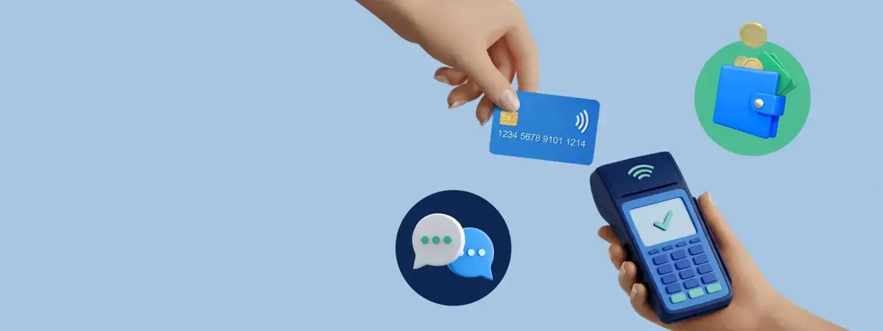 Płatność zbliżeniowa kartą, terminal, portfel z pieniędzmi i ikony czatu – to wszystko symbolizuje nowoczesny fintech.