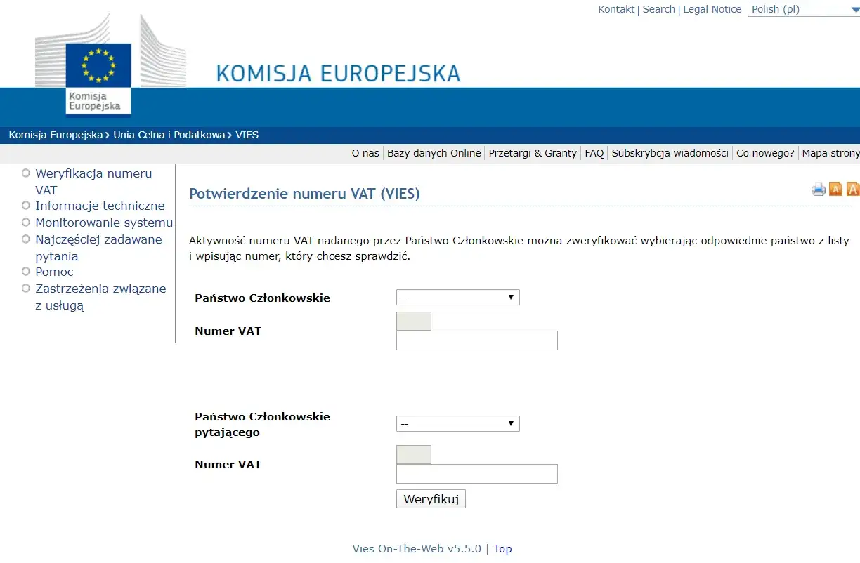 Strona Komisji Europejskiej do weryfikacji numeru VAT. Można sprawdzić ważność europejskiego numeru VAT, wpisując go i wybierając kraj.