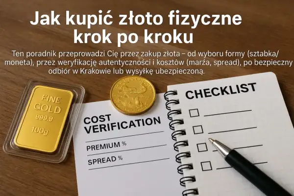 Jak kupić złoto fizyczne? Poradnik krok po kroku: sztabka, moneta, weryfikacja, koszty i bezpieczny odbiór.