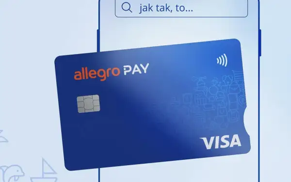 Karta Allegro Pay z symbolem zbliżeniowym i ikonami zakupów.