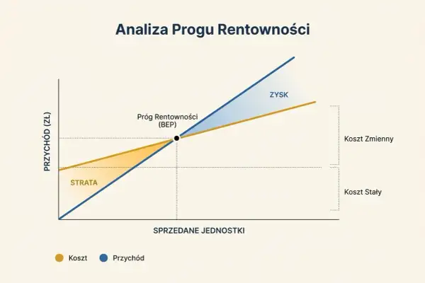 Wykres analizy progu rentowności pokazuje punkt, w którym przychody zrównują się z kosztami. Obszar poniżej to strata, powyżej to zysk.