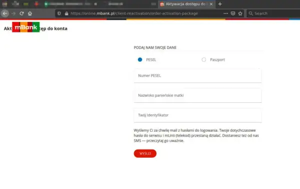 Formularz mBank do aktywacji dostępu. Wpisz PESEL, nazwisko panieńskie matki i identyfikator, by odblokować kartę mBank.