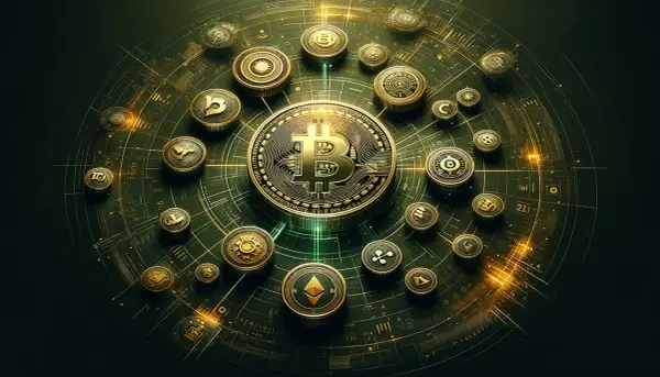 Złote monety kryptowalut, w tym Bitcoin i Ethereum, wirują na tle cyfrowej sieci. To wizualizacja tego, co to są altcoiny i ich miejsce w ekosystemie.