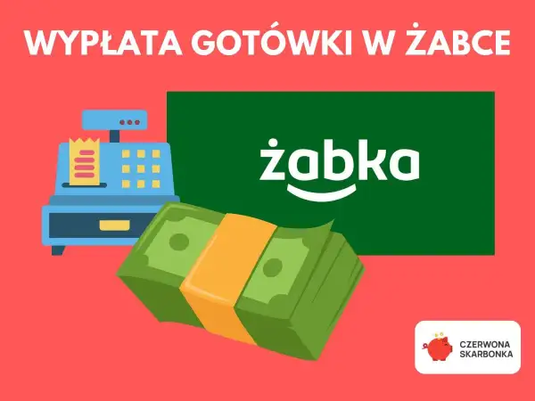 W Żabce możesz wypłacić gotówkę. Obrazek przedstawia kasę fiskalną, banknoty i logo Żabki.