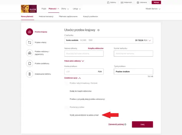 Wyślij potwierdzenie na adres e-mail, aby uzyskać potwierdzenie przelewu.
