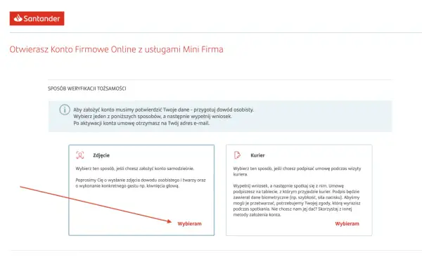 Santander: otwórz konto firmowe online. Wybierz weryfikację przez zdjęcie lub kuriera, by założyć swoje nowe konto.