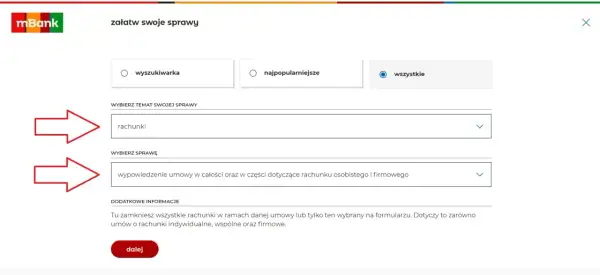 Formularz mBanku. Wybierz "rachunki" i "wypowiedzenie umowy", aby dowiedzieć się, jak zamknąć konto w mbanku.