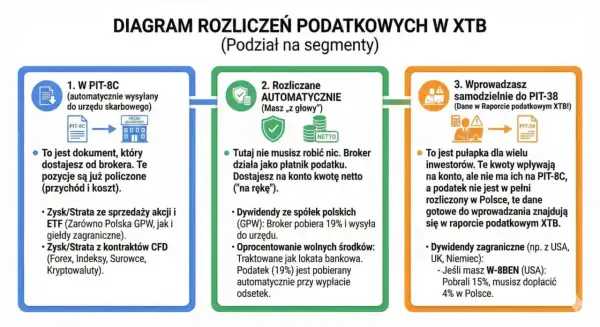 Diagram rozliczeń podatkowych w XTB: PIT-8C, rozliczenia automatyczne i samodzielne wprowadzanie do PIT-38. XTB dywidenda 2026.