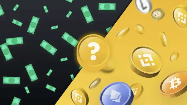 Pytanie: waluty fiat a kryptowaluty? Zielone banknoty kontra spadające monety cyfrowe, w tym Bitcoin i Ethereum.