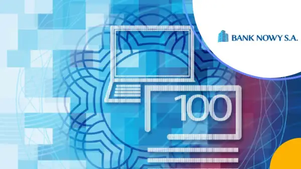 Grafika przedstawia symboliczny depozyt w banku, gdzie komputer i banknot 100 symbolizują bezpieczeństwo finansowe.